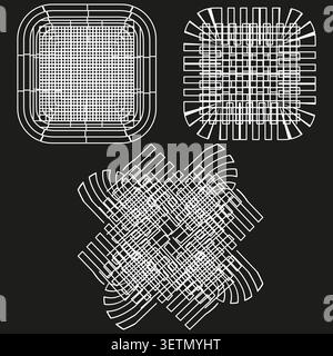 Distorted grid forms pack features white vector wireframe wave lines. Minimal collection visualizes geometric perspective. eps 10 Stock Vector