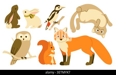 Cute Forest Animals and Birds Vector Set Stock Vector