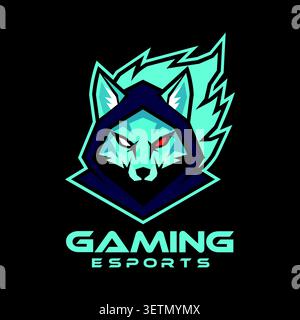 Striking hooded wolf mascot logo featuring glowing eyes, sharp geometric details, and a futuristic cyber gaming aesthetic. Designed for esports teams, Stock Vector