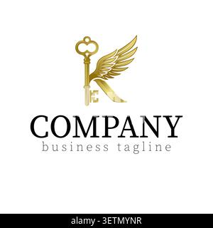 Luxury winged key logo featuring elegant golden wings and a premium key symbol in a sophisticated modern design. This high-quality vector logo represe Stock Vector