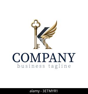 Luxury letter K logo featuring an elegant golden key, majestic eagle head, and dynamic wing integrated into a premium royal design. This high-quality Stock Vector