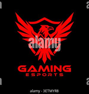 Powerful phoenix eagle esports gaming logo featuring spread wings, a protective shield emblem, and an aggressive bird mascot design. Created for gamin Stock Vector