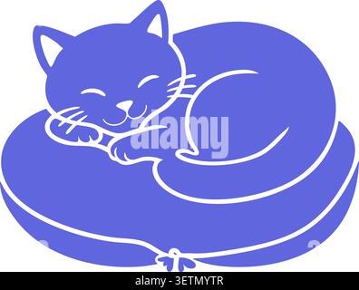 A relaxed cat sleeps curled up on a round cushion in soft purple tones Stock Vector