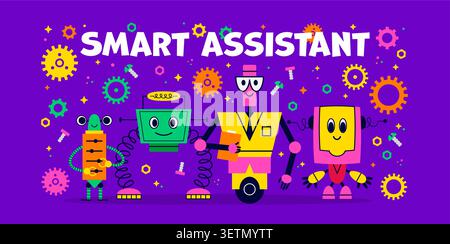 Smart assistant technology banner with funny robots and droids with smiling faces, springs and gears around. Technology characters, cute and funny bots, friendly personages for automation or education Stock Vector
