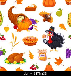 Cartoon Thanksgiving day character vector seamless pattern of festive turkey in pilgrim hat, autumn pumpkins, fall leaves and golden wheat, cornucopia horn, pie, grapes, honey jar and roasted turkey Stock Vector