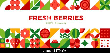 Ripe berries banner with geometric mosaic berry pattern background. Organic berry fruits geometric pattern of strawberry and cherry with watermelon and cranberry, orange and blackcurrant berries Stock Vector