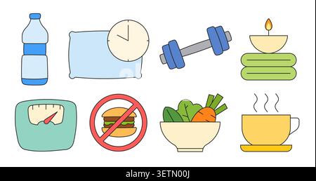 Wellness lifestyle handdrawn doodle set healthy habits illustration icons. Stock Vector