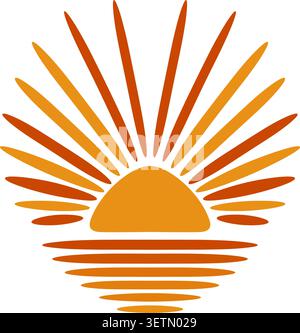 A rising sun with long golden rays and a reflected glow below the horizon Stock Vector