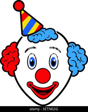 A cheerful clown face with a party hat red nose and bright curly hair Stock Vector