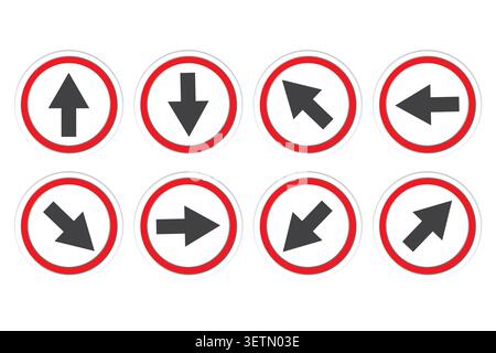 Circle arrow button set features red vector icons. It complements web navigation and interface directional systems. eps 10 Stock Vector