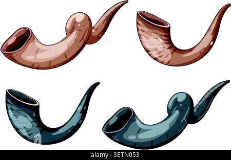 Four detailed shofar horn illustrations, natural colors, isolated on white, cartoon vector style Stock Vector