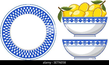 Vector illustration of patterned ceramic tableware and fresh lemons on a white background. Stock Vector