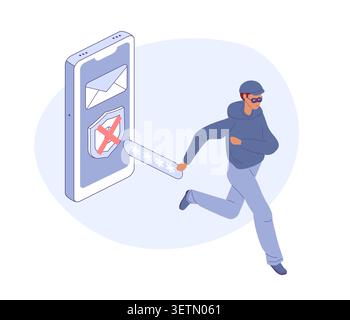 Hacker steals email password. Masked man running away from mobile phone. Isometric vector illustration for cybersecurity banner. Stock Vector