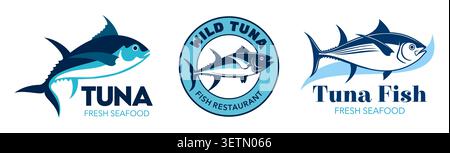 Tuna fish icons set with powerful swimming tuna in various poses. Minimalist blue and white seafood package badges of seafood market, fish packaging design and ocean product Stock Vector