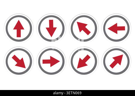 Circle arrow button set features red vector icons. It complements web navigation and interface directional systems. eps 10 Stock Vector