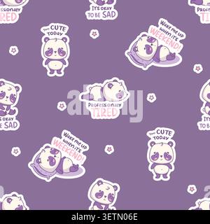 Seamless Pattern With Lazy Pandas On Purple Background. Cute Kawaii Cartoon Animal Bears Resting, Sleeping, And Relaxing With Funny Cozy Slogans. Vect Stock Vector