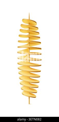 Realistic raw and fried potato tornado vegetable snack. Isolated 3d vector crispy, spiral cut delight. Traditional crunchy twisted chips snack on a stick. Fast food, street quick meal on a skewer Stock Vector