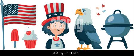 Patriotic USA Independence Day Vector Icon Set. American Flag, girl with stars hat, Eagle bird, Barbecue Grill, Cupcake cherry fruit and Popsicle Stock Vector