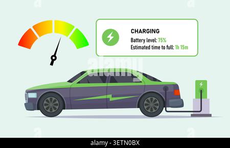 Electric sedan. Vector illustration shows a modern electric car charging at a station with a battery meter and clean mobility concept Stock Vector