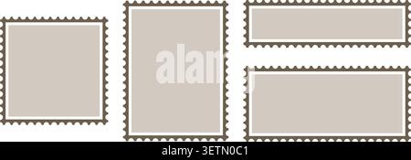 Set of postal stamps mockups isolated on white background. Blank rectangular post stickers with serrated borders for letter or postcard delivery. Vector flat illustration. Stock Vector
