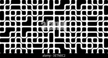 Metaballs pattern. Circuit background. Black connected square dots with round edges, nano molecules, neurons or biological cells. Modern abstract print. Vector graphic illustration. Stock Vector