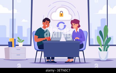 Cloud Backup. Vector background showing people working with cloud services security systems and data transfer tools exact illustration Stock Vector