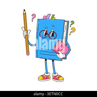Groovy school book cartoon character with education textbook and funny face. Y2K groovy copybook or funny notebook character in teacher glasses with student study schoolbook, pencil and bookmarks Stock Vector