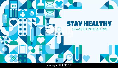 Medicine and health care banner with blue green geometric pattern featuring flask, test tube, pill, bandage and thermometer. Medical banner for healthcare websites, apps, posters and presentations Stock Vector