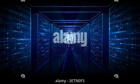 Futuristic AI Chip Inside Data Center Server Corridor Stock Vector