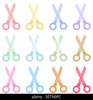 Cute pastel scissors icons set in flat design style. Colorful cutting tools for school supplies, classroom activities, arts and crafts projects, stati Stock Vector