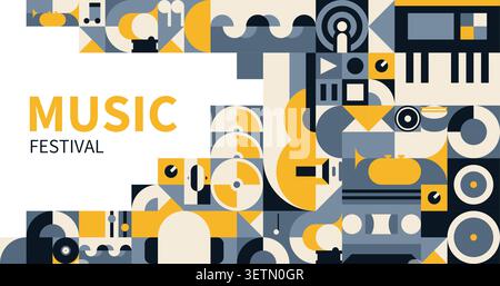 Music festival banner with geometric sound mosaic pattern featuring guitar, piano, trumpet, vinyl record, speaker and microphone. Yellow, black and gray banner for concert posters and music events Stock Vector
