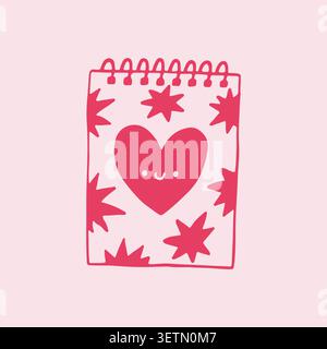 Hand drawn vector illustration of a cute pink spiral notebook with a smiling heart and stars. Playful stationery element in doodle style. Aesthetic Stock Vector