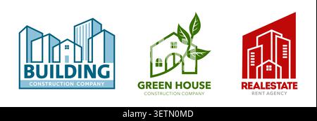 Eco residence apartment, real estate agency and building construction icons set. Minimalist emblems with city skyscrapers, eco friendly house and modern residential buildings Stock Vector