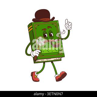 Cartoon groovy book character with friendly green cover, cheerful face, brown mustache, detective hat, magnifying glass and smoking pipe. Book mascot for library branding and school mascots Stock Vector