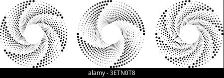Halftone spiral pattern with circle dots creating dynamic vortex effect. Abstract radial design with concentric rings and geometric swirl texture for modern backgrounds. Stock Vector