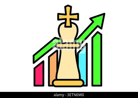 Strategy planning icon. colored outline style. of a chess king piece standing in front of an ascending growth bar chart with a rising arrow. Stock Vector