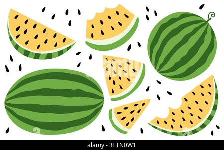 Ripe yellow watermelon set Stock Vector
