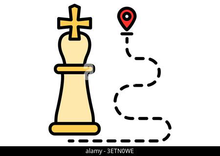 Strategy move icon. colored outline style. showing a chess king piece next to a dashed pathway leading up to a location pin marker Stock Vector