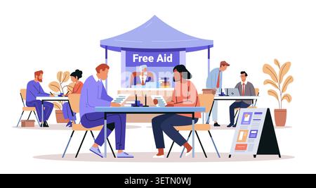 Legal aid clinic community service people consulting lawyers outdoor tent tables documents laptops plants modern flat design banner Stock Vector
