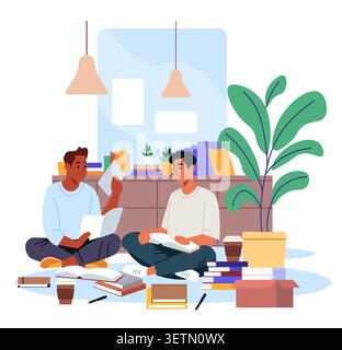 Law students studying together legal education teamwork research books indoor plants modern workspace bookshelves lamps coffee flat design Stock Vector