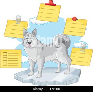 Vector illustration of a grey husky on ice surrounded by yellow sticky notes and clouds Stock Vector