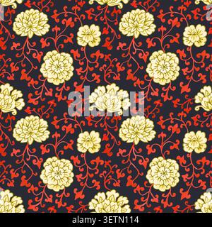 Watercolor style chinoiserie seamless pattern on black background Stock Vector
