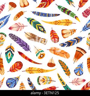 Boho bird feathers, bohemian quills seamless pattern, decorative tribal tile background with plumage ornaments, ethnic textile decoration. Wallpaper or print with native American indigenous motif Stock Vector