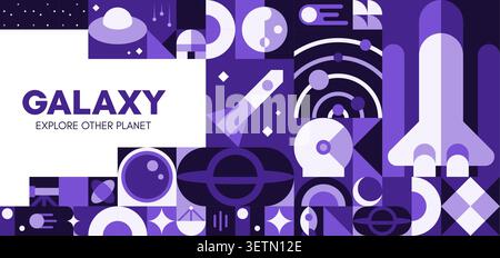 Galaxy space exploration banner with geometric universe and spaceship pattern background. Modern poster with abstract mosaic geometric pattern of space rocket shuttle, UFO spaceship and galaxy planets Stock Vector