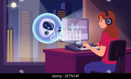 AI Chatbot. Vector background featuring friendly robot assistants helping users through conversations apps and smart services exact illustration Stock Vector