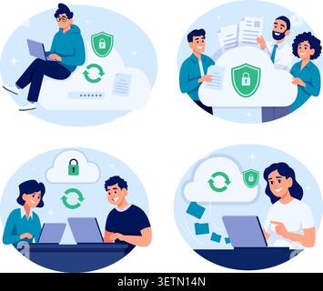 Cloud Security. Vector illustrations of secure cloud storage data sync and protected online access with users and devices exact concept Stock Vector