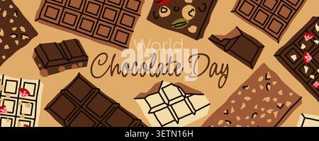 World Chocolate Day Horizontal Banner Template with Hand Drawn Chocolate Bars in Doodle Style for Social Media Advertisement Stock Vector