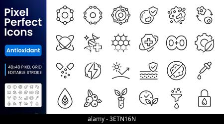 Antioxidant line icon set. Skincare benefit, free radical, cell protection, collagen mesh, skin detox linear minimal vector illustration. Simple Stock Vector