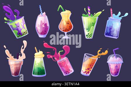 Cartoon milk boba tea. Different colorful bubble tea drinks. Refreshers non alcoholic beverages with tapioca balls. Asian seasonal cold drink, nowaday Stock Vector
