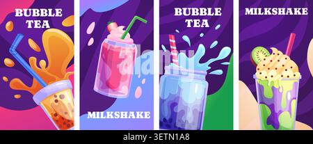 Milk bubble tea posters. Simple basic drink menu design for cafe. Seasonal milk boba tea and milkshakes with juices. Beverages nowaday vector card Stock Vector